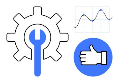 Veri eğilimlerini gösteren vites ve ingiliz anahtarı, onay ve başarı için onay işareti. Takım çalışması, verimlilik, izleme, optimizasyon, geri besleme, basit analitik iniş için ideal