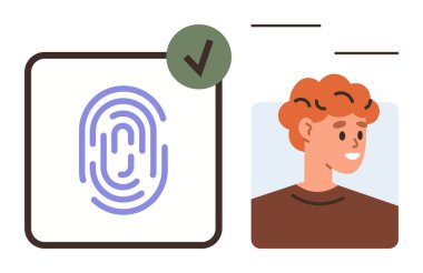 Kullanıcı profili illüstrasyonunun yanında dijital parmak izi simgesi. Kimlik doğrulama, kimlik, güvenlik, gizlilik, teknoloji, biyometri ve doğrulama kavramları için idealdir. Basit düz metafor