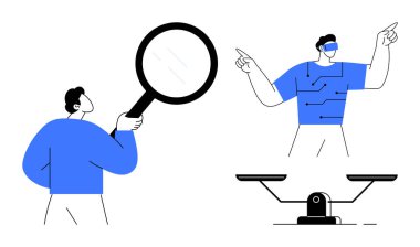 Teknoloji arayüzü ve denge ölçeği olan bir figürün yanında büyüteç kullanan biri. Teknoloji, analiz, karar verme, yapay zeka, adalet ve problem çözme için ideal