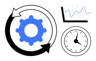 Sürecin akışını sembolize eden oklarla çevrili mavi dişliler, zaman yönetimini gösteren saat ve ilerlemeyi gösteren grafikler. Yenilik, strateji, otomasyon, üretkenlik, zaman ve planlama için ideal