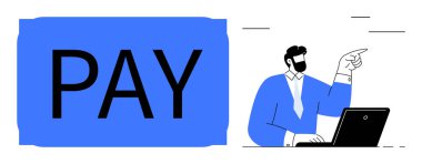 Bir iş adamının yanına dizüstü bilgisayar kullanarak ve bilerek el kol hareketi yaparak cesur bir ödeme mesajı gönder. Finans, çevrimiçi işlemler, e-ticaret, iş araçları, dijital hizmetler, ödeme sistemleri için ideal