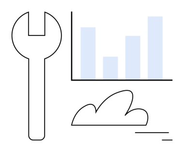 Bir bar çizelgesinin ve bakımı, veri içgörüsünü ve bulut bağlantısını sembolize eden bir bulutun yanında dur. Teknoloji, analitik, bakım, takım çalışması, yenilik, bilişim çözümleri ve basit