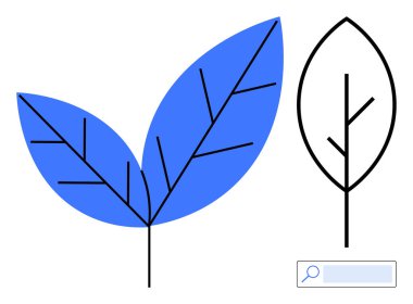 Minimalist arama çubuğunun yanında geometrik desenleri olan mavi ve siyah yapraklar. Doğa, ekoloji, grafik tasarımı, web UI, modern arayüzler, sürdürülebilirlik, basit iniş sayfası için ideal