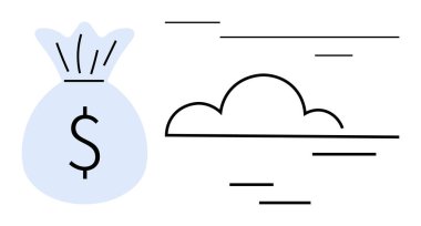 Para çantası, minimalist bulut tasarımı ve soyut çizgilerin yanında dolar işareti ile işaretlenmiş. Finans, tasarruf, dijital ekonomi, bulut hesaplama, online bankacılık, fintech, zenginlik yönetimi için ideal. Basit.