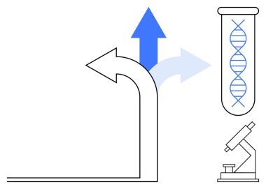 Oklar, test tüpündeki DNA ipliğini temsil eden seçenekleri gösteriyor ve mikroskop da bilim, araştırma ve ilerlemeyi öneriyor. Yenilik, keşif, genetik, eğitim, karar verme, biyoteknoloji için ideal