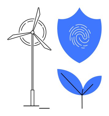 Rüzgar türbini, parmak izli kalkan ve stilize yaprak eko-enerjiyi, dijital korumayı ve sürdürülebilirliği temsil eder. Yeşil teknoloji, veri güvenliği, eko-yenilik, çevre güvenliği için ideal