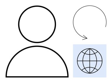 Kullanıcı etkinliğini, internet erişimini, küresel etkileşimi ve senkronizasyonu temsil eden bir yenileme dönüş okunun ve küresel ızgara simgesinin yanında siyah anahatlı basit kullanıcı figürü. Dijital için ideal