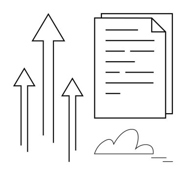 Yığılmış belgelerin ve bir bulutun yanında yukarıya bakan oklar ilerlemeyi, veri yönetimini ve yeniliği simgeliyor. İş büyümesi, başarı, bulut teknolojisi, analitik ve dijital için ideal