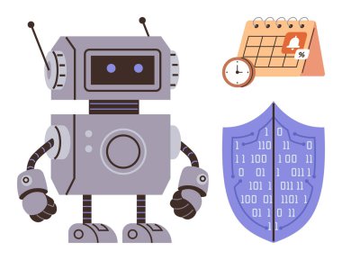 Takvimi ve kalkanı olan sevimli bir robot. Teknoloji, yapay zeka sistemleri, otomasyon, siber güvenlik, veri gizliliği, zaman yönetimi ve gelecekteki kavramlar için idealdir. Modern düz metafor