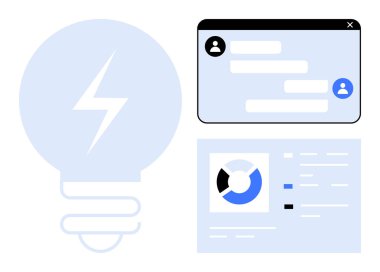 Flaşlı ampul sembolü, mesajlaşma simgeleriyle sohbet penceresi ve veri analiz paneli. Yenilik, iletişim, veri paylaşımı, takım çalışması, işbirliği, beyin fırtınası için ideal