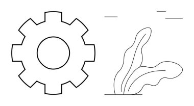 Asgari soyut bitki elementlerinin yanında cesur ana hatlara sahip bir dişli. Uyum, yenilik, mühendislik, sürdürülebilirlik, doğa entegrasyonu, endüstriyel tasarım, basit düz metafor için ideal