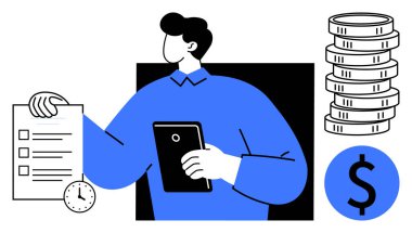 Tablet tutan kişi saat, bozuk para ve dolar işaretinin yanında tamamlanmış listeyi de tutuyor. Finans, bütçe, verimlilik, zaman yönetimi, yatırım planlama ve tasarruf kavramları için idealdir. Düz