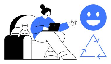 Dizüstü bilgisayarda çalışan, kedisiyle koltukta oturan, gülen yüzlü ve geri dönüşüm ikonu olan bir kadın. Sürdürülebilirlik, uzak çalışma, pozitiflik, ekolojik bilinçli yaşam, üretkenlik, iş-yaşam dengesi için ideal basit