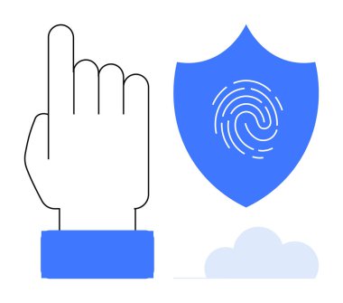 Kalkan ve bulut üzerindeki parmak izine yakın el işaretleri veri güvenliğini, erişim kontrolünü, biyometriği, dijital kimliği temsil ediyor. Gizlilik, siber güvenlik, teknoloji ve kimlik doğrulama için ideal