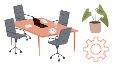 Ofis masasında sandalyeler, dizüstü bilgisayarlar, kağıt ve bir bardak su. Saksı bitkisi ve çark büyümeyi temsil ediyor. Takım çalışması için ideal, iş, organizasyon, yaratıcılık verimliliği yeniliği