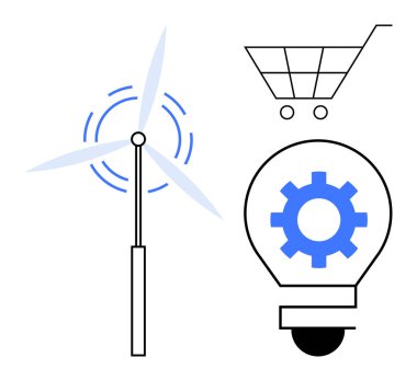 Rüzgar türbini enerji üretiyor, bir ampulün içindeki teçhizat yenilikleri ve fikirleri simgeliyor ve ticaret için alışveriş arabası. Sürdürülebilirlik, yenilik, ekoloji, enerji, alışveriş, teknoloji için ideal
