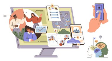 Takım çalışması, mobil güvenlik, akış çizelgeleri, görev yönetimi görselleri ve veri paylaşım uygulamalarıyla uğraşan insanlar. İşbirliği, teknoloji, yenilik, üretkenlik güvenlik uzaktan kumandası için ideal basit