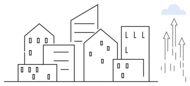 Yüksek şehir binaları ve yukarı doğru büyümeyi temsil eden oklarla doğrusal şehir manzarası. Gayrimenkul, iş, yatırım, kalkınma, ilerleme, kentleşme ve gelecek için ideal. Basit düz metafor