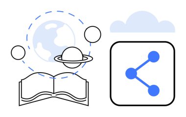 Dünya 'nın yörüngesinde dönen gezegenlerin olduğu açık bir kitap ve bir bulut altında ikon paylaşımı. Öğrenme, yenilik, eğitim, teknoloji, bağlantı, keşif işbirliği teması basit iniş sayfası için idealdir