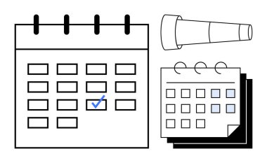 Üzerinde tarih ve teleskop bulunan takvimler gelecekteki planlama ve hedef belirlemeyi öneriyor. Zamanlama, zaman yönetimi, organizasyon, üretkenlik, vizyon, strateji, gelecek planlama için ideal