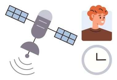 Uydu dalgaları, insan profili ve saati küresel iletişim, zaman yönetimi ve dijital bağlantıyı sembolize ediyor. Teknoloji, uzaktan çalışma, veri transferi ve küresel ağlar için ideal