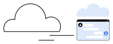 İletişim, sohbet ve veri paylaşımını temsil eden bir mesaj arayüzüne bağlı bulut. Takım çalışması, iş akışı, uzaktan çalışma, teknik çözümler, ağ oluşturma, işbirliği basit iniş sayfası için ideal