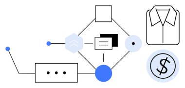 Birbirine bağlı elementler, dolar işareti ve gömlek hatları ile geometrik akış diyagramları iş, finans, perakende, otomasyon, teknoloji öneriyor. E-ticaret ve finans tedarik zinciri için ideal