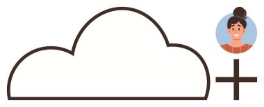 Basit bir avatar portresi ve artı işareti olan bulut çizgisi. Bulut servisi, kullanıcı yönetimi, hesap oluşturma, veri paylaşımı, dijital teknoloji, depolama çözümleri, basit düz metafor