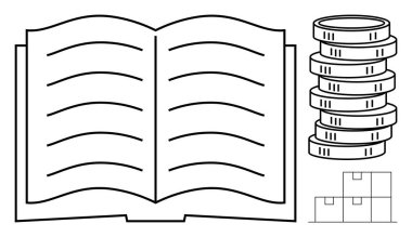 Bilgi, finansal büyüme ve tedarik yönetimini sembolize eden bozuk paraların ve organize kutuların yanında açık bir kitap. Eğitim, yatırım, iş, ekonomi, organizasyon, ticaret dairesi için ideal