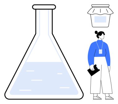 Kadın araştırmacı elinde büyük kimyasal matara ve mühürlü kavanozun yanında bilim, keşif ve yenilikleri temsil eden bir pano tutuyor. Teknoloji, eğitim, biyoloji, kimya ve araştırma için ideal