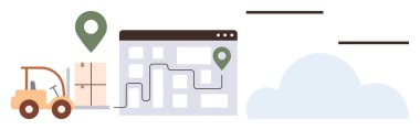 Forklift, depo haritasının yanındaki kutuları güzergah ve konum işaretleriyle taşıyor. Lojistik, tedarik zinciri, teslimat, depolama, envanter takibi, depo yönetimi ve basit düz metafor için ideal.