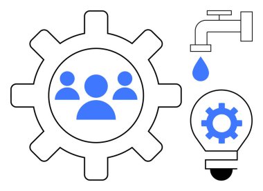 Takım ikonlu vites, su damlayan musluk ve küçük teçhizatlı ampul. Takım çalışması, yenilik, sürdürülebilirlik, mühendislik, beyin fırtınası, yaratıcılık enerjisi verimliliği için ideal basit düz metafor