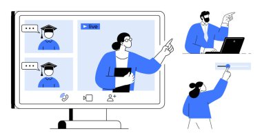 Katılımcılarla canlı yayına bağlanan konuşmacı, öğrencilere rehberlik eden eğitimci ve unsurları ayarlayan bir kişi. Eğitim, uzaktan çalışma, webinarlar, iletişim, işbirliği, eğitim için ideal