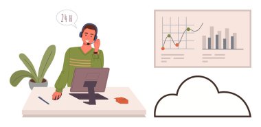 Masada çalışan müşteri hizmetleri temsilcisi çizelgeleri ve grafikleri analiz ediyor ve bulut verilerine bağlanıyor. Teknoloji, iş, iletişim, veri analizi, destek ve müşteri için ideal