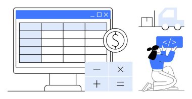 Masaüstü hesap tablosu, hesaplama ve finans sembolleri, kodlama arayüzü, lojistik kamyonu, teknik kartı olan kişi. Finans, lojistik, kodlama, verimlilik analiz iş araçları için ideal