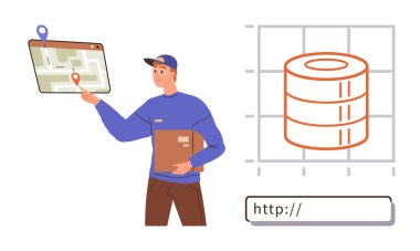 Dijital harita işaretleyici, veritabanı simgesi ve web adresi çubuğu olan kurye paketi. Lojistik, nakliye, e-ticaret, veritabanı yönetimi, çevrimiçi iş, web geliştirme için ideal