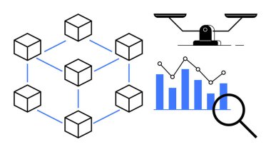 Düğümleri birleştiren küp ağı, çizgi grafikli bar tablosu, analiz için büyüteç ve dengeyi temsil eden ölçek. Teknoloji, yenilik, veri, karar verme ve finans için ideal