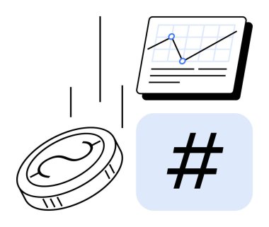 Bozuk para düşüşü, piyasa eğilimlerini gösteren tabletin veri grafiği ve dijital iletişimi vurgulayan meta veri etiketi sembolü. Fintech, analitik, dijital pazarlama, yatırımlar, kripto para birimi için ideal