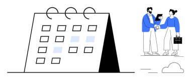 Tablet ve evrak çantası tutan iki profesyonelin yanında işaretli tarihli masa üstü takvimi. Planlama, üretkenlik, organizasyon, takım çalışması, zaman yönetimi, atamalar için ideal
