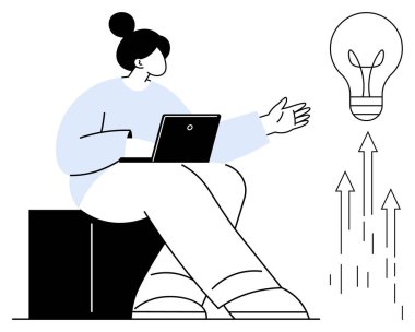 Dizüstü bilgisayarlı bir kadın ampule ve yukarı doğru yükselen oklara doğru el hareketleriyle oturuyor. Büyüme, yenilik, takım çalışması, liderlik, beyin fırtınası, strateji, girişimcilik için idealdir. Basit düz metafor