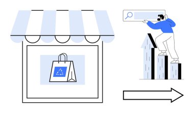 Dükkanda geri dönüşüm işareti olan bir alışveriş torbası, arama yoluyla büyüme grafiklerini analiz eden bir adam. E-ticaret, sürdürülebilirlik, pazarlama stratejisi, SEO, çevre dostu iş, satış büyümesi, sade daire