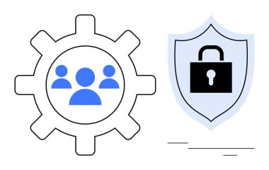 Takım simgesinin bulunduğu vites sembolü, kilitli işbirliği kalkanını simgeliyor. Siber güvenliği simgeliyor. Takım çalışması, güvenlik, gizlilik, işlemler, koruma, teknoloji, basit düz metafor