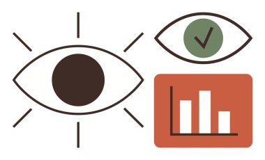 Işıldayan çizgileri olan göz, işaretli onaylanmış göz işareti ve çizelgesi. Veri analizi, vizyon, doğrulama, gözden geçirme, ölçüm gözetimi için ideal. Temiz, düz metafor
