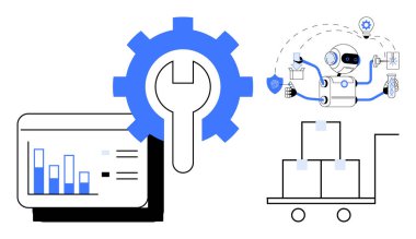 Vites ve ingiliz anahtarı temsil araçları, robot yönetim görevleri, veri grafiği görselleştirme, ve kutularla dolu tramvay. Teknoloji, otomasyon, lojistik, verimlilik, yenilik yapay zekası ve takım çalışması için ideal
