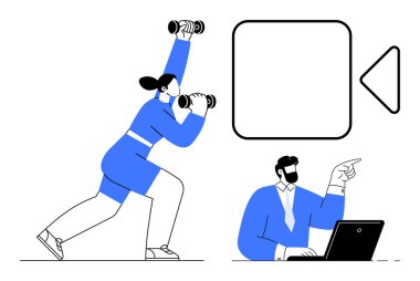 Fırsatları ararken elinde dürbün tutan kadın, dizüstü bilgisayarı işaret eden adam, video oynatıcı. Takım çalışması, keşif, strateji, teknoloji, liderlik yenilik iletişimi için ideal. Basit düz