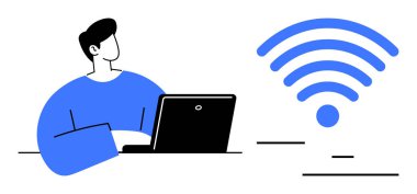 Büyük kablosuz sinyal sembolünün yanında çalışan adam dijital bağlantıyı vurguluyor. Teknoloji için ideal, uzaktan çalışma, çevrimiçi iletişim, İnternet hizmetleri, üretkenlik, ağ, basit