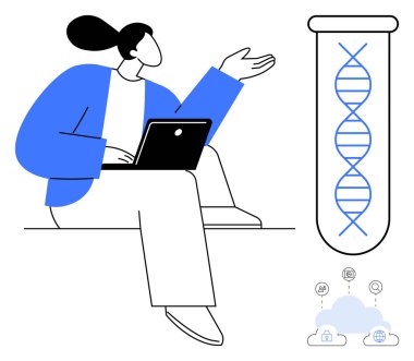 Elinde dizüstü bilgisayar tutan kişi, DNA ipliğine doğru genomik ve bulut temelli araştırmayı sembolize ederek hareket eder. Genetik, yenilik, bilim, araştırma, teknoloji ve eğitim için ideal