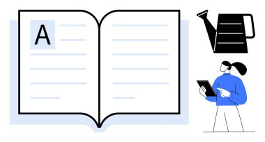 A harfli açık bir kitap, elinde tablet tutan bir kadın tarama içeriği, siyah sulama büyümeyi simgeliyor. Eğitim, öğrenim, okur yazarlık, odaklanma, teknoloji ve basit iniş sayfaları için ideal