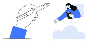 Dolmakalem çizimi, tablet tutarken işaret eden figür ve altta bulut olan el. Yaratıcılık, takım çalışması, eğitim, iş akışı, dijital araçlar, teknoloji sade iniş sayfası için ideal