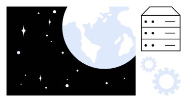 Dünya bir sunucu yığınının yanındaki yıldızlarla çevrili ve küresel verileri, bulut depolamayı, bağlantıyı, otomasyonu sembolize eden vitesler. Teknolojik çözümler, ağ, yenilik, bilişim sistemleri, büyük veriler için ideal